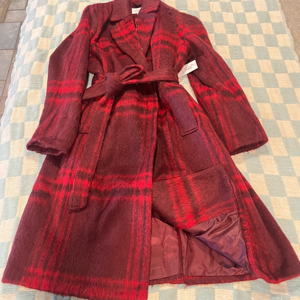 Plaid Wool Blend Belted Coat